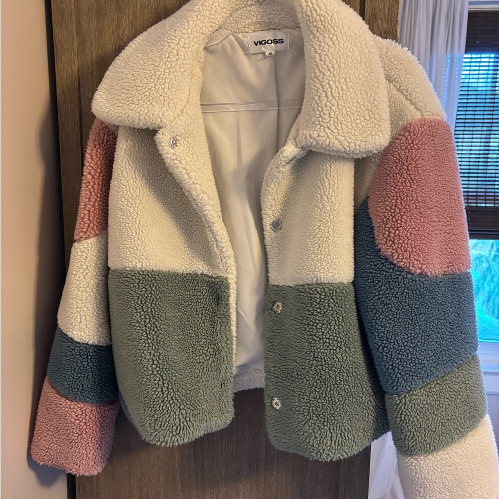 Vigoss Colorblock Sherpa Jacket - Cream/Pink